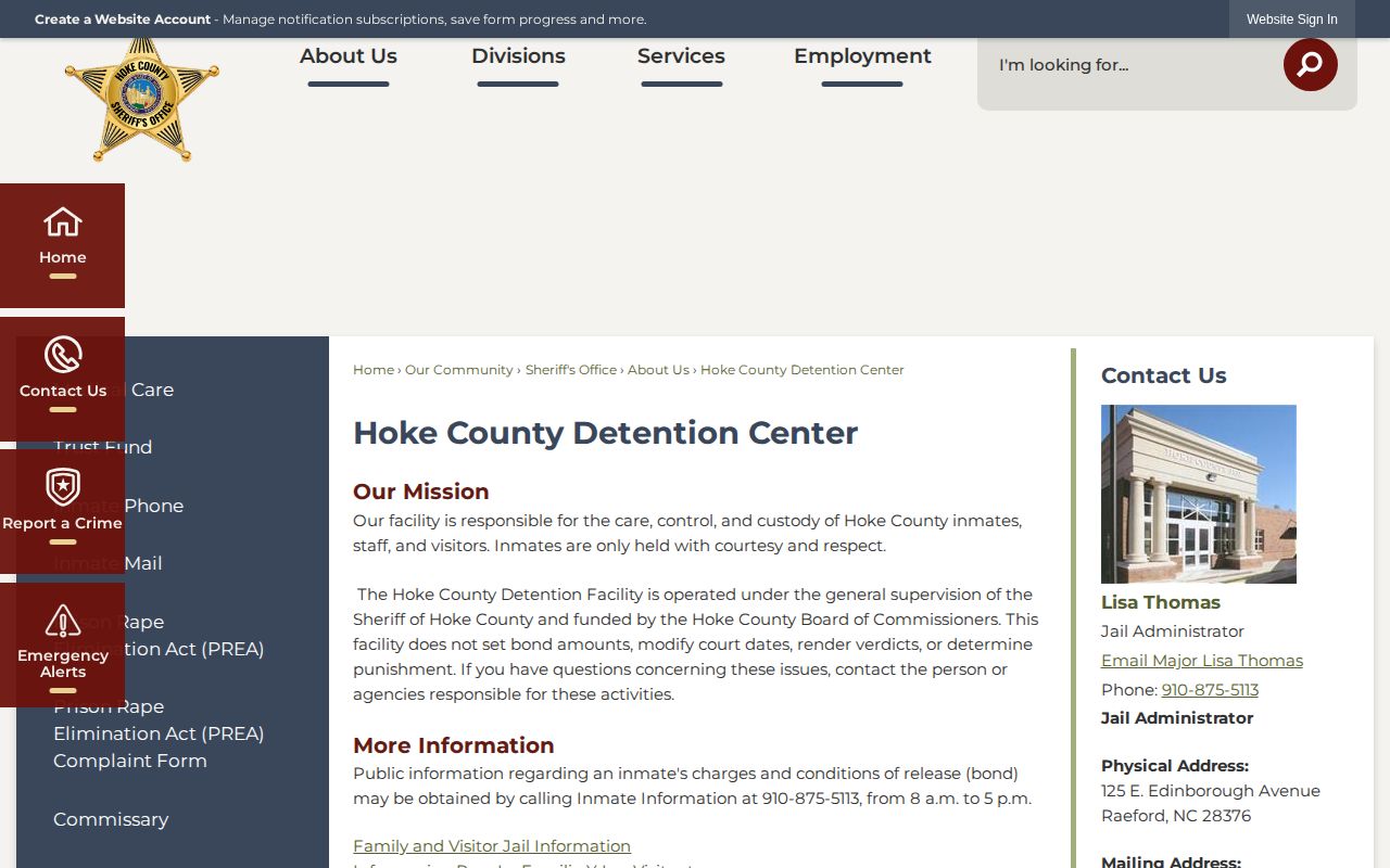 Hoke County Detention Center official inmate information page