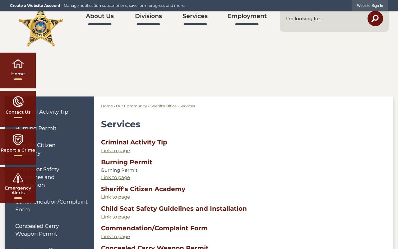 Hoke County Sheriff Services page linking reports patrol logs and detention information