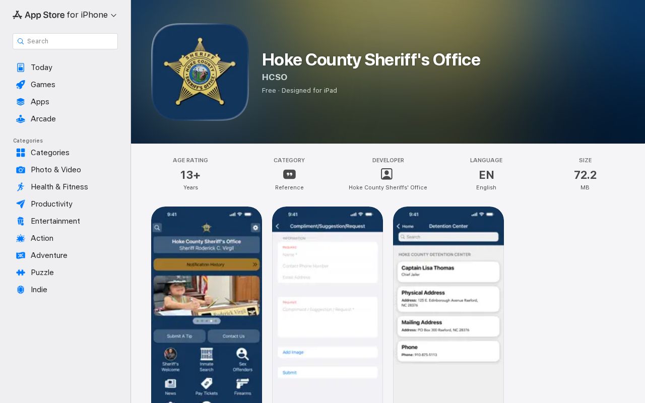 Official Hoke County Sheriff's Office mobile app listing with inmate search description