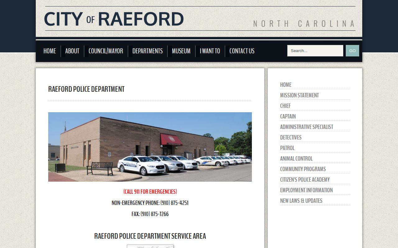 Official Raeford Police Department webpage and non-emergency contact