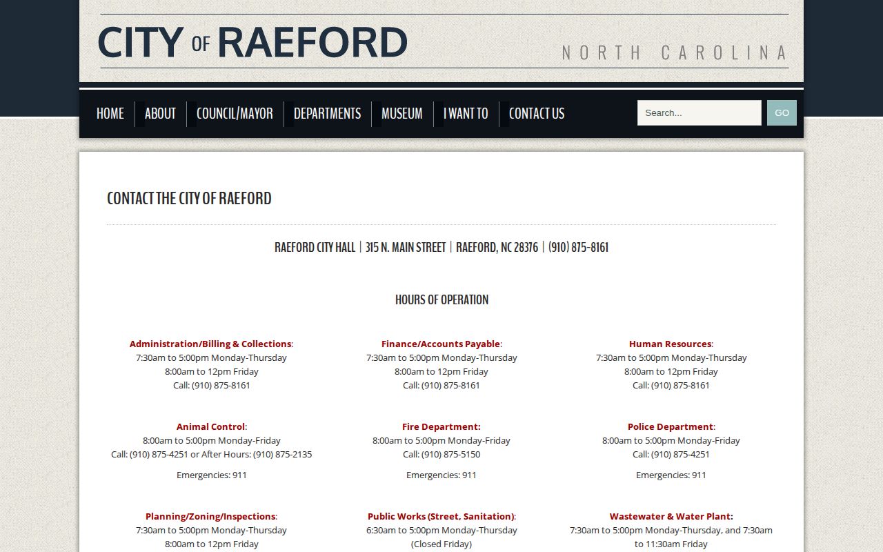 City of Raeford contact page with police administration details