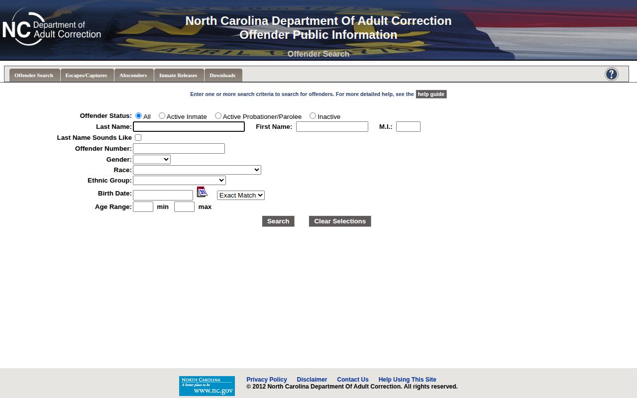 North Carolina offender public information search interface