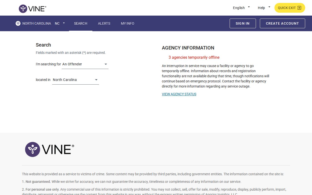 North Carolina VINELink person search screen for a custody lookup