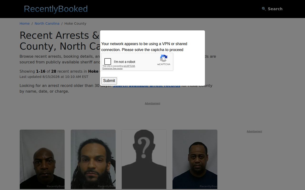 Unofficial Recently Booked Hoke County rolling page interface